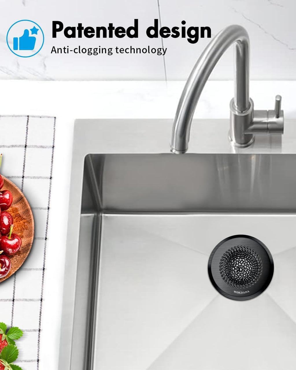 WOKDADA Black Sink Drain Strainer, Reversible Mesh Sink Strainer with 304 Stainless Steel, Wokdada Revolutionary Anti-Rust Kitchen Sink Drain Strainer for Garbage Disposal Food Catcher
