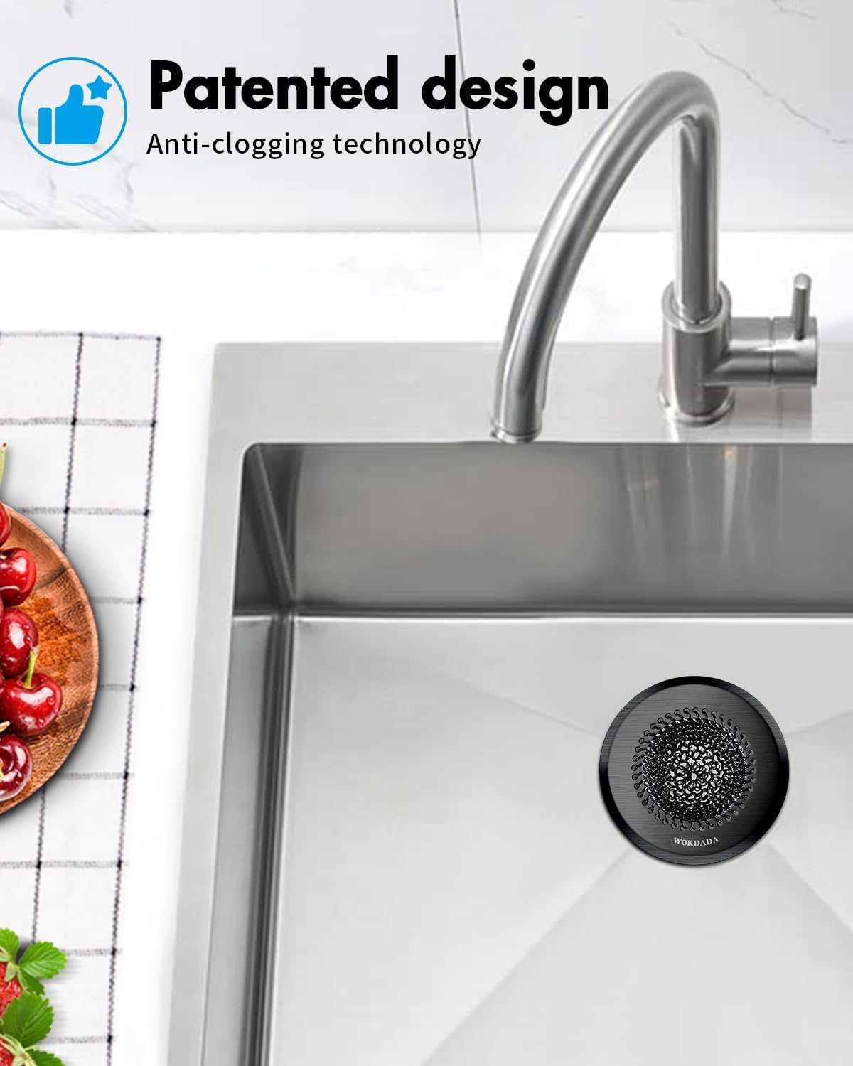 WOKDADA Black Sink Drain Strainer, Reversible Mesh Sink Strainer with 304 Stainless Steel, Wokdada Revolutionary Anti-Rust Kitchen Sink Drain Strainer for Garbage Disposal Food Catcher