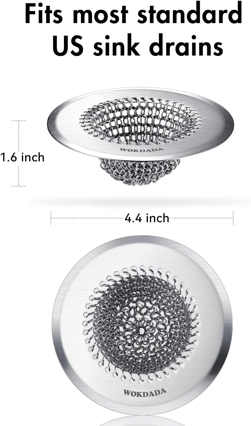 WOKDADA Revolutionary Kitchen Sink Drain Strainer& Sink Stopper/Patented Reversible Chain Mesh, Effortless Cleaning & Debris Catcher, Large Capacity, No Clog, 304 Stainless Steel & Rust-Proof