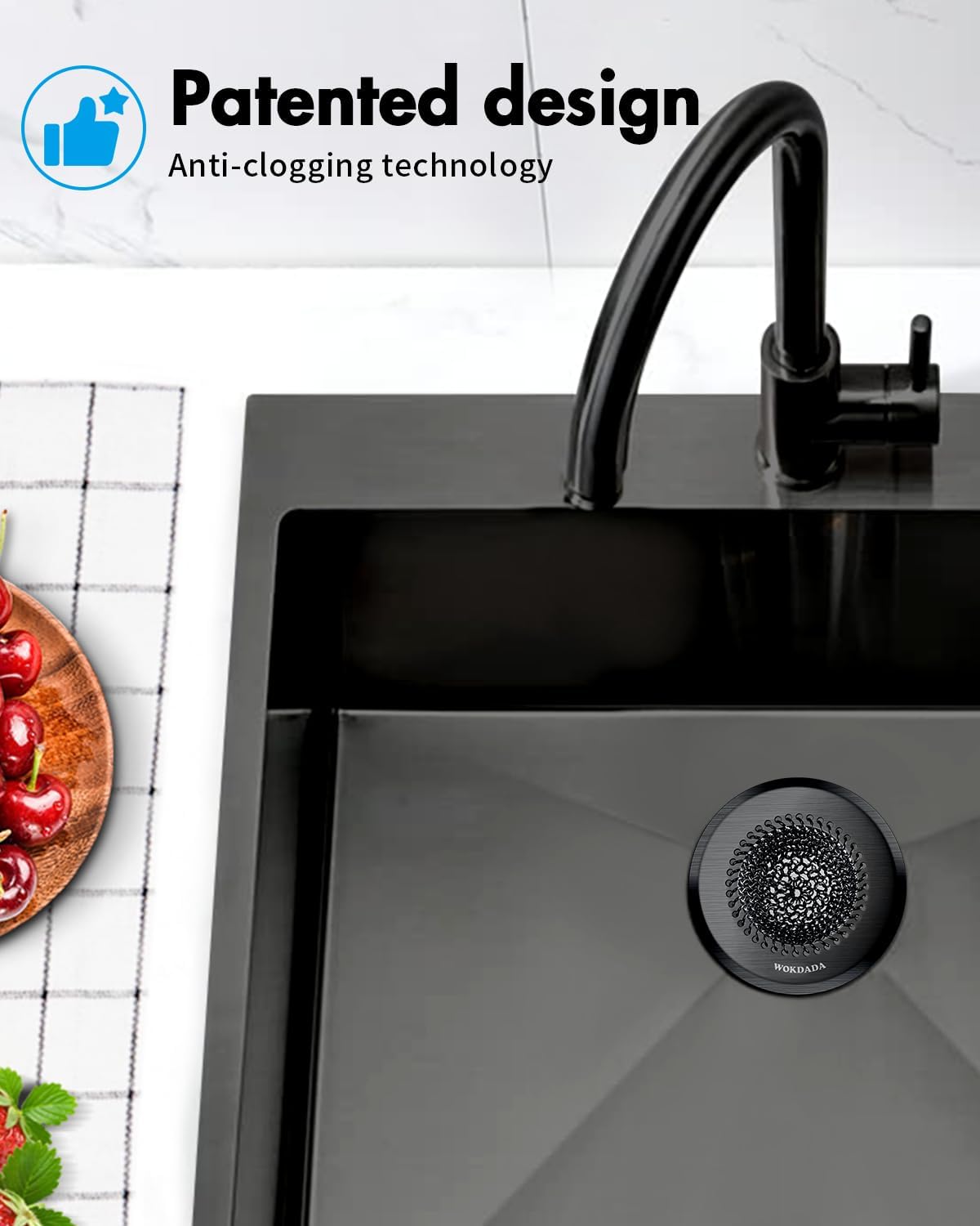 WOKDADA Sink Drain Strainer (Black): Flexible Anti-Slip Chainlink, 304 Stainless Steel. Upgraded Clog-Free, Easy-Clean Catcher for Kitchen Garbage Disposal
