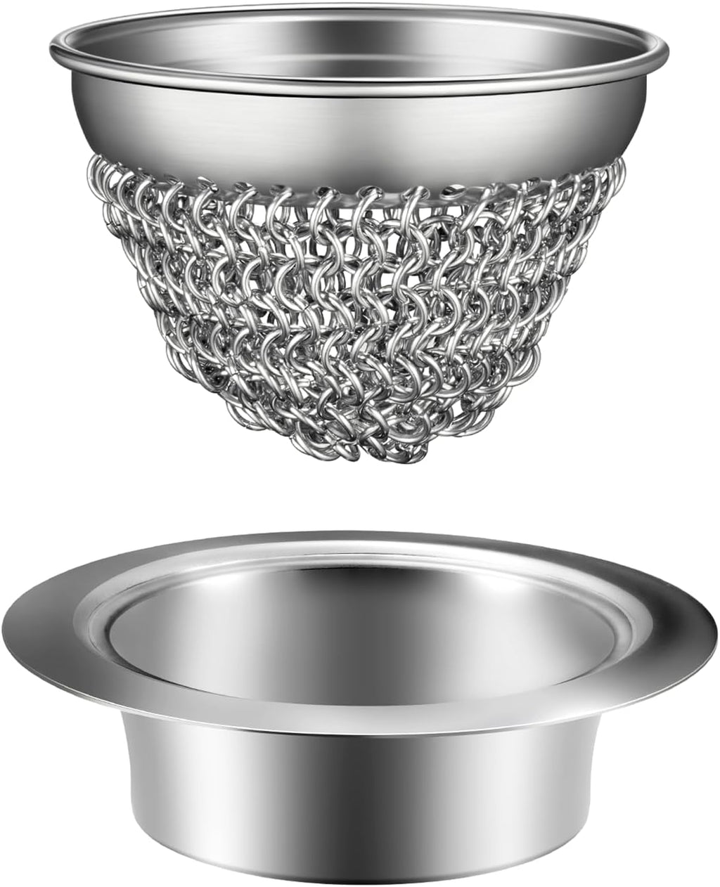 WOKDADA 2 Set Kitchen Sink Strainer (Silver): with Adapter, Flexible Insert Chain Mesh Screen. 304 Stainless Steel, Clog-Free Catcher for Universal Sizes (Garbage Disposal)