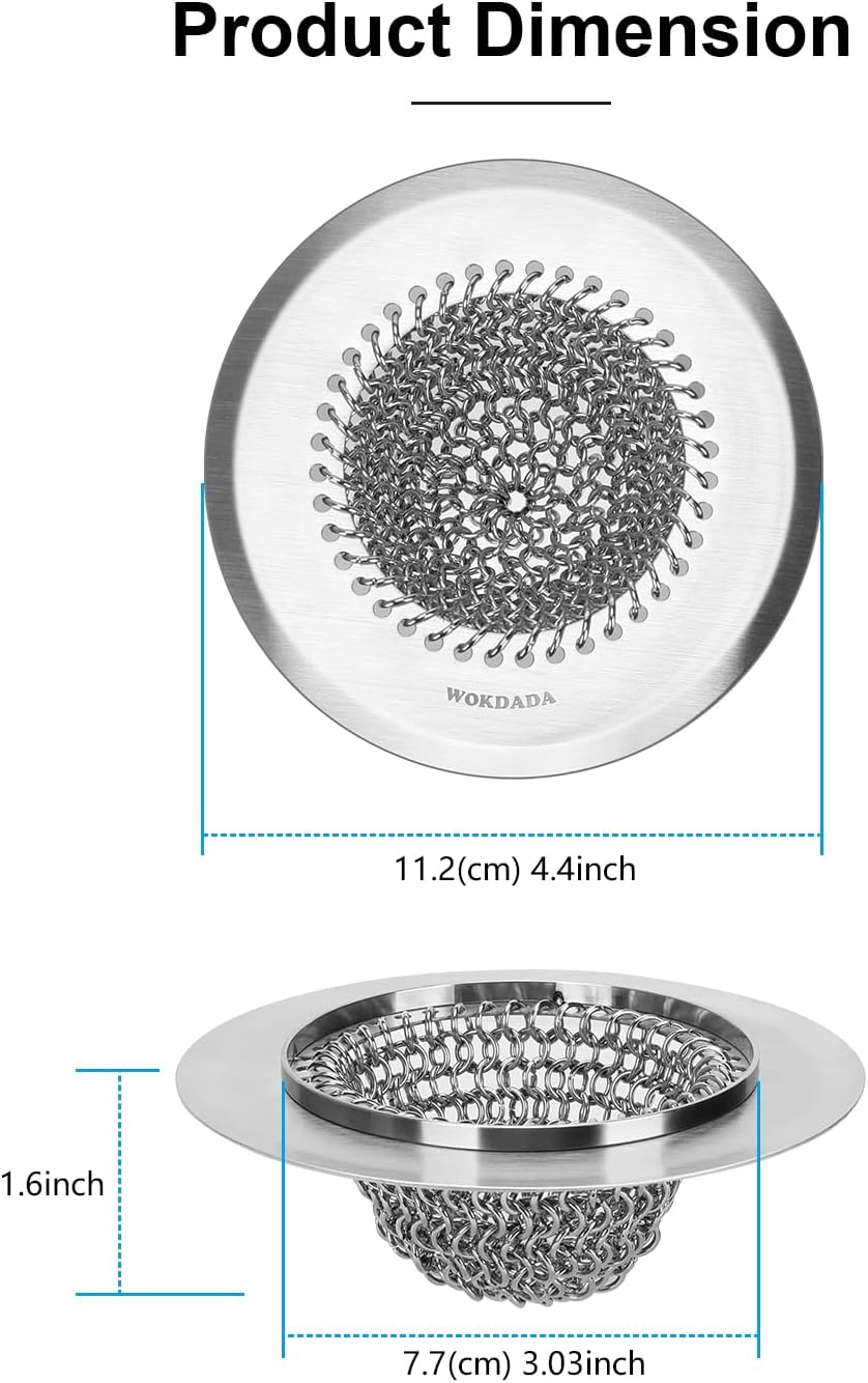 WOKDADA Sink Drain Strainer&Stopper, Anti-Slip Flexible Mesh Sink Strainer with 304 Stainless Steel, Clog-Free Kitchen Sink Strainer, Easy-Clean Sink Catcher Strainer& Silicone Stopper