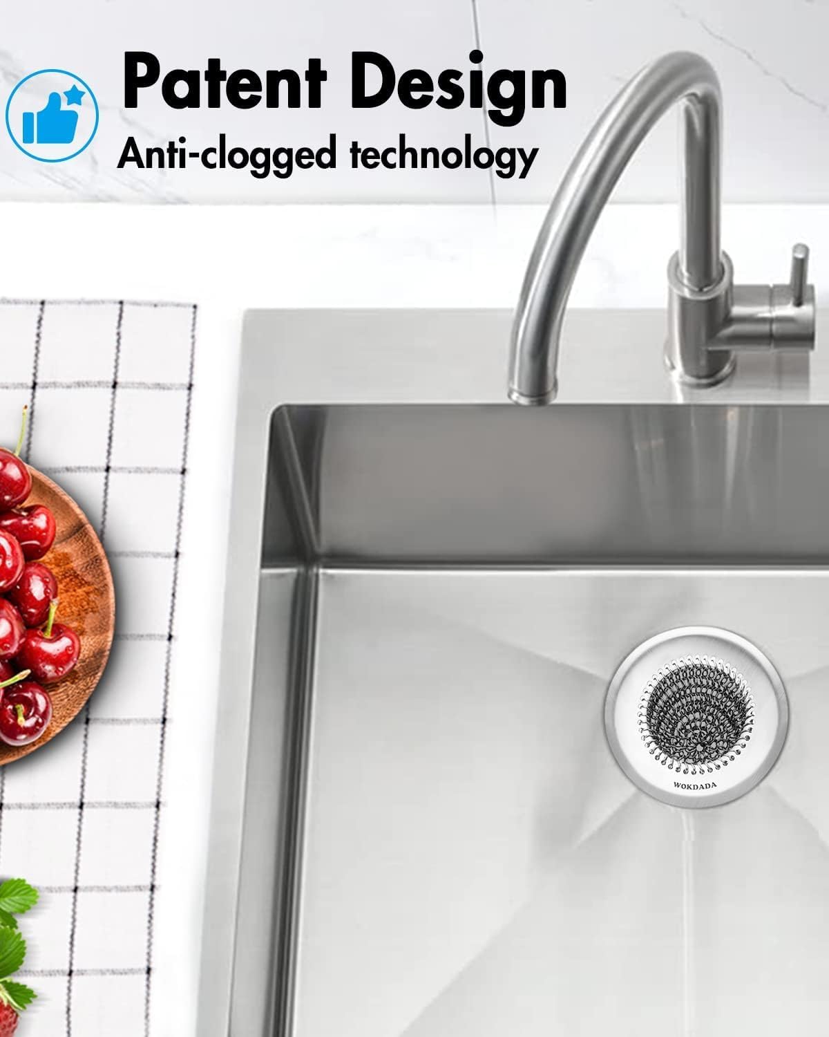 WOKDADA 2 Pcs Sink Drain Strainer: Anti-Slip Flexible Chainlink, 304 Stainless Steel. Upgraded Clog-Free Kitchen Version, Easy-Clean Catcher for Garbage Disposal