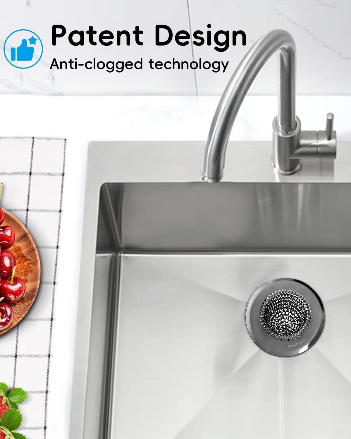 WOKDADA Sink Drain Strainer (Black): Flexible Anti-Slip Chainlink, 304 Stainless Steel. Upgraded Clog-Free, Easy-Clean Catcher for Kitchen Garbage Disposal