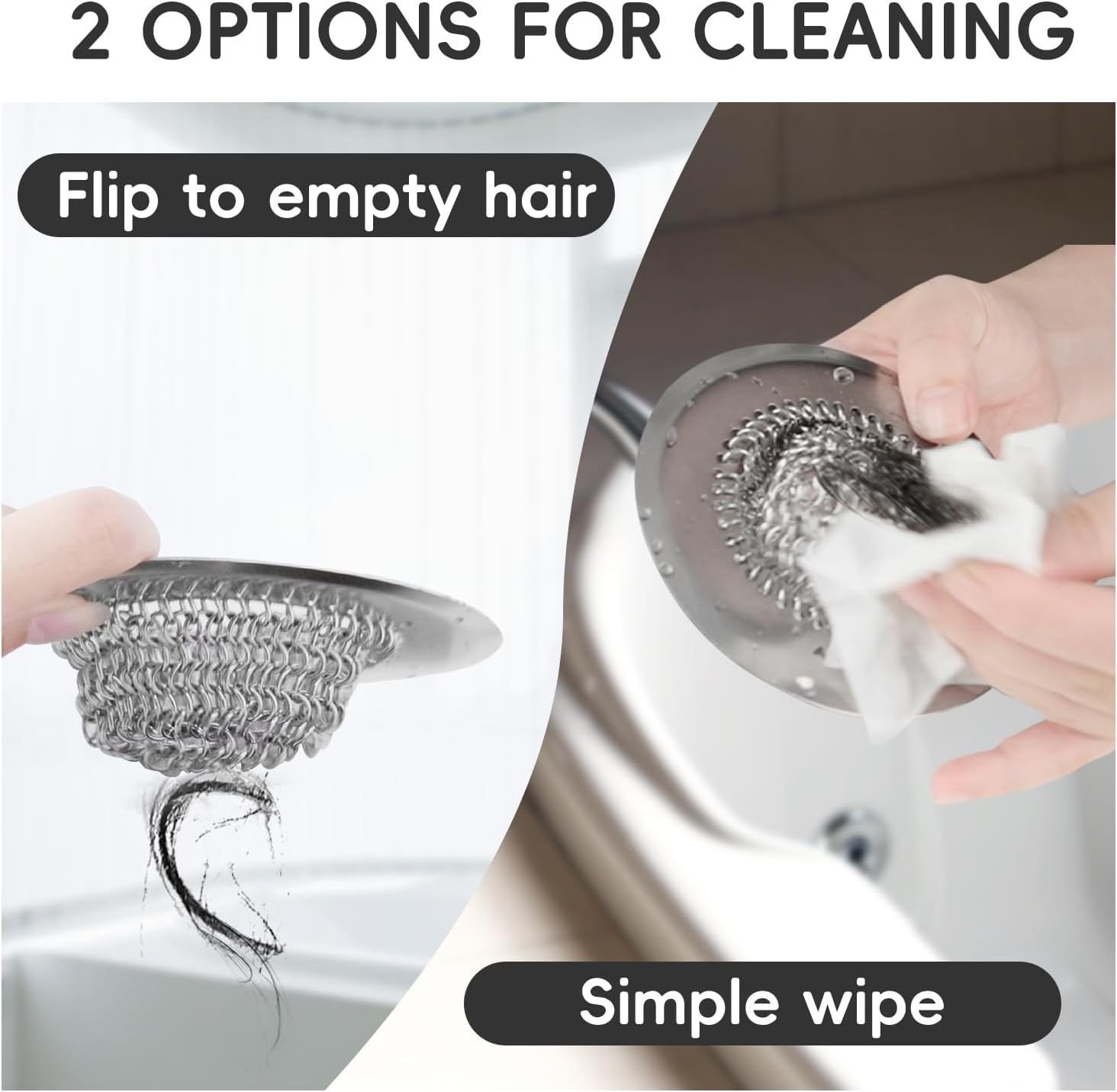 Wokdada 2 PCS Bathtub Drain Hair Catcher, Fast Drainage Shower Drain Hair Catcher, Reversible 304 Stainless Steel Drain Protector for Pop-Up and Regular Drains of Bathroom(Patented Product)