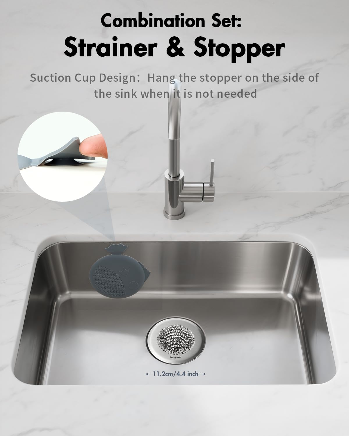 WOKDADA Sink Drain Strainer&Stopper, Anti-Slip Flexible Mesh Sink Strainer with 304 Stainless Steel, Clog-Free Kitchen Sink Strainer, Easy-Clean Sink Catcher Strainer& Silicone Stopper