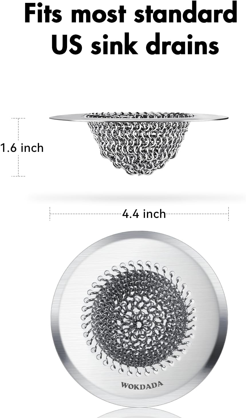 WOKDADA 4pcs - Revolutionary Kitchen Sink Drain Strainer/Patented Reversible Chain Mesh, Effortless Cleaning & Debris Catcher, Large Capacity, No Clog, 304 Stainless Steel & Rust-Proof/Handmade