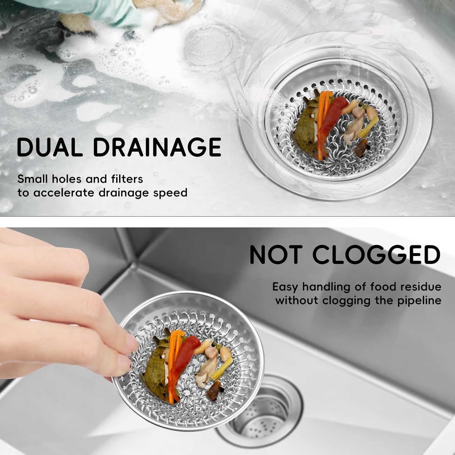 WOKDADA Kitchen Sink Strainer (1-Set Silver): With Adapter, Flexible Insert Chain Mesh Screen. 304 Stainless Steel, Clog-Free Catcher For Universal Sizes (Garbage Disposal)