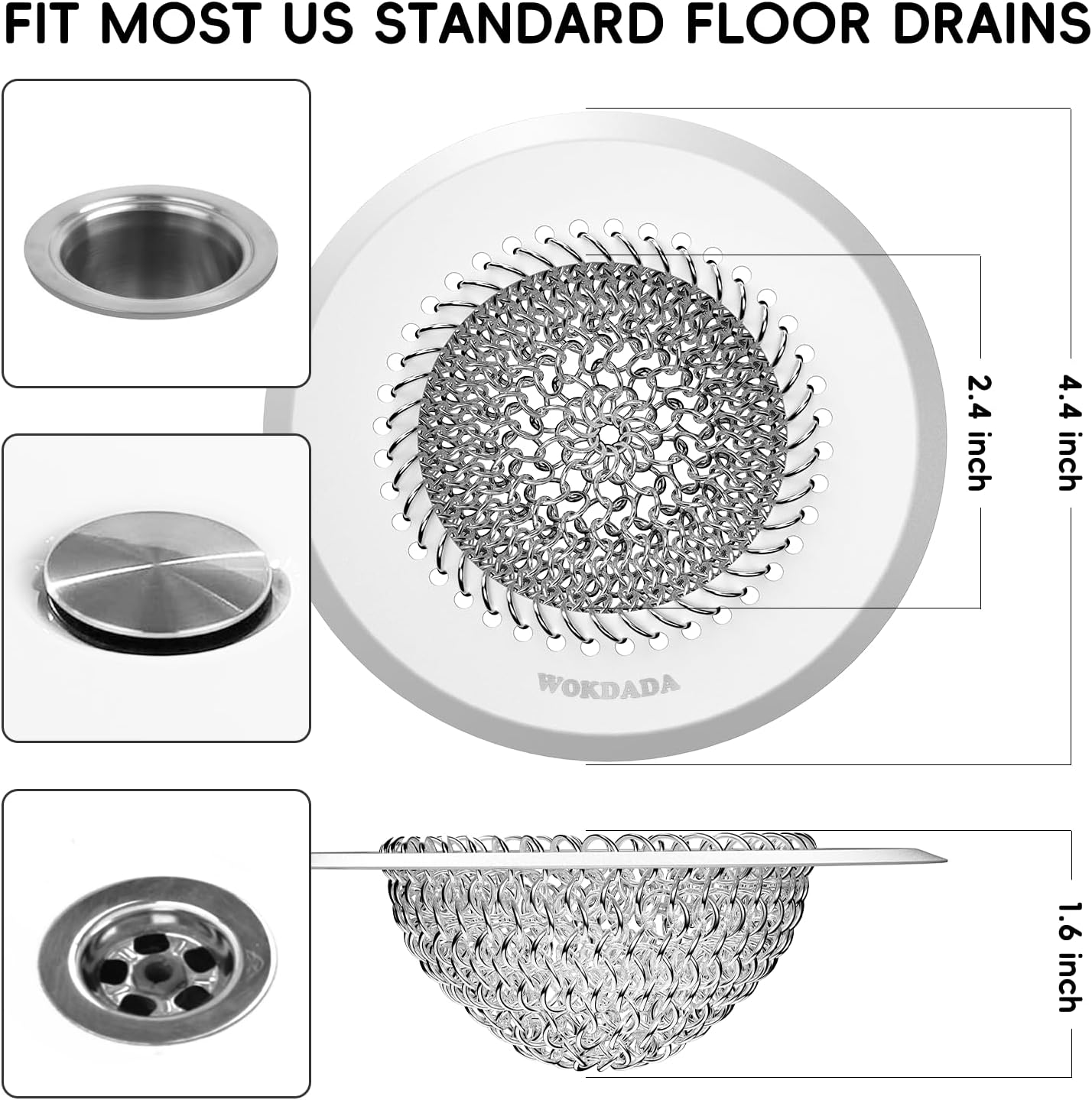 Wokdada (Silvery White) Drain Hair Catcher: for Bathtub & Shower (Fast Drainage), Reversible 304 Stainless Steel Protector. Fits Pop-Up & Regular Bathroom Drains