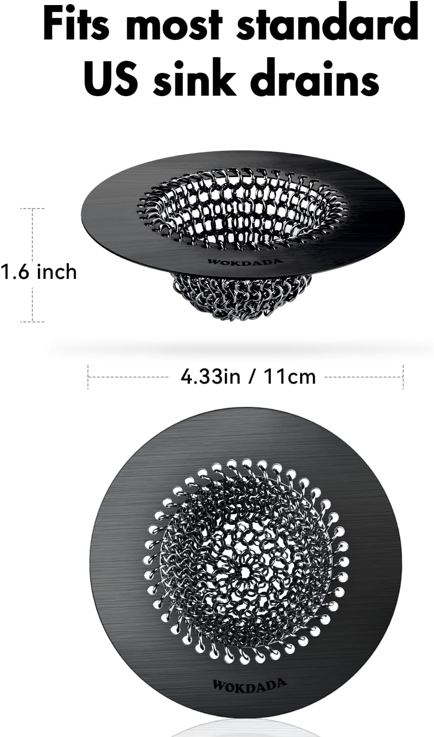 WOKDADA Black Kitchen Sink Strainer, Flippable Mesh Sink Drain Strainer, 304 Stainless Steel Sink Screen, Easy Clean Large Basket Strainer, Garbage Disposal Cover Fit for Standard Kitchen Drain