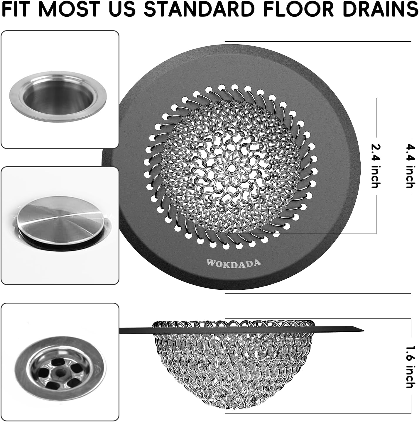 Wokdada  (Dark Gray) Bathtub Drain Hair Catcher: Fast Drainage Shower Version, Reversible 304 Stainless Steel Protector. Fits Pop-Up & Regular Bathroom Drains