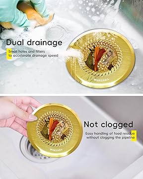 WOKDADA Gold Sink Drain Strainer, Reversible Mesh Sink Strainer with 304 Stainless Steel, Wokdada Revolutionary Anti-Rust Kitchen Sink Drain Strainer for Garbage Disposal Food Catcher