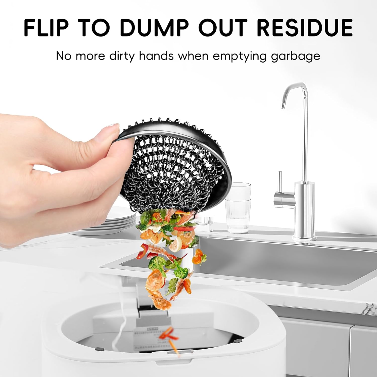 WOKDADA 1 Set Kitchen Sink Strainer (Black): with Adapter, Flexible Insert Chain Mesh Screen. 304 Stainless Steel, Clog-Free Catcher for Universal Sizes (Garbage Disposal)