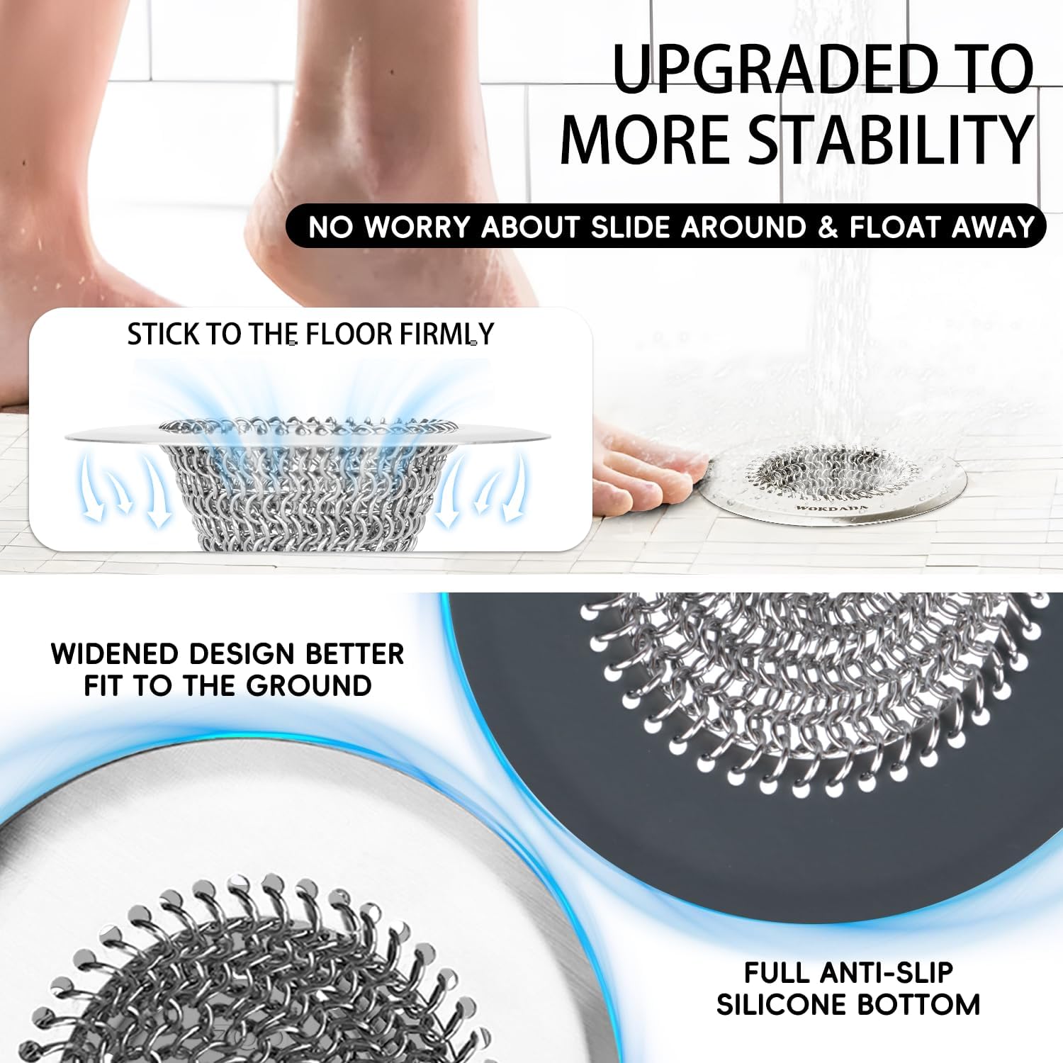 Wokdada 2 PCS Bathtub Drain Hair Catcher, Fast Drainage Shower Drain Hair Catcher, Reversible 304 Stainless Steel Drain Protector for Pop-Up and Regular Drains of Bathroom(Patented Product)