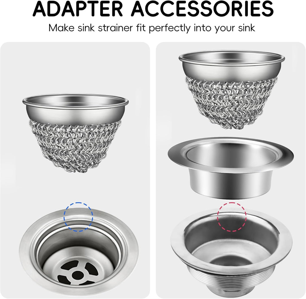 WOKDADA Kitchen Sink Strainer (1-Set Silver): With Adapter, Flexible Insert Chain Mesh Screen. 304 Stainless Steel, Clog-Free Catcher For Universal Sizes (Garbage Disposal)