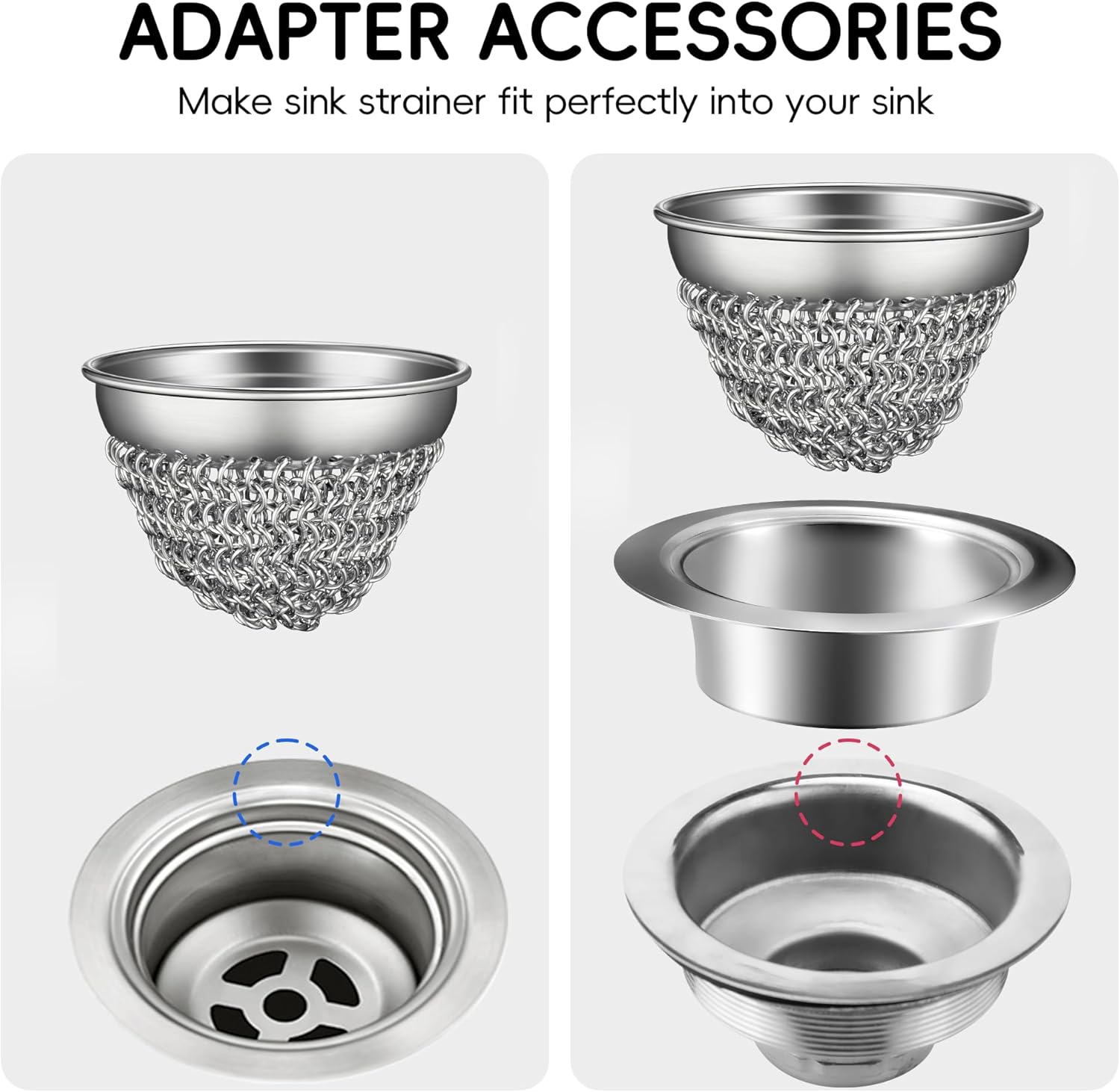 WOKDADA 1 Set Kitchen Sink Strainer (Black): with Adapter, Flexible Insert Chain Mesh Screen. 304 Stainless Steel, Clog-Free Catcher for Universal Sizes (Garbage Disposal)
