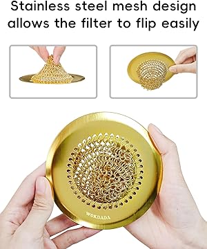 WOKDADA Gold Sink Drain Strainer, Reversible Mesh Sink Strainer with 304 Stainless Steel, Wokdada Revolutionary Anti-Rust Kitchen Sink Drain Strainer for Garbage Disposal Food Catcher