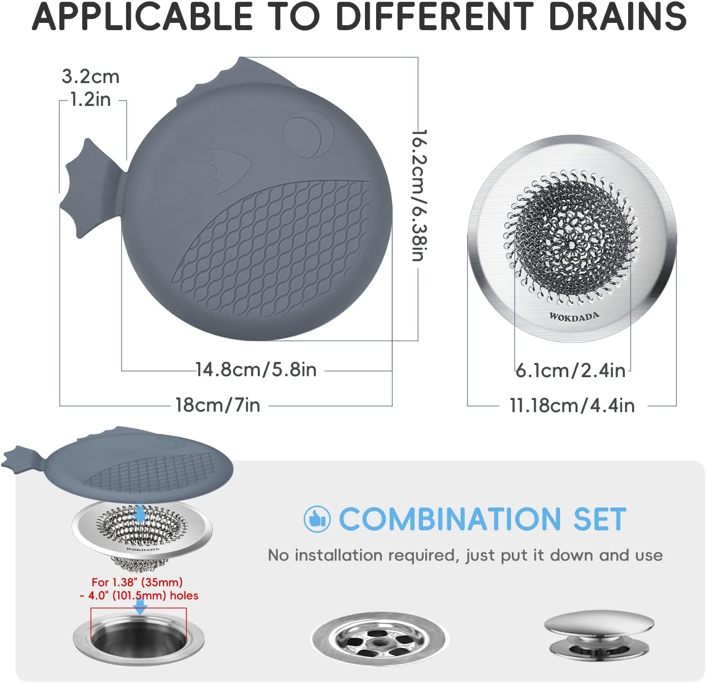 Wokdada Bathtub Drain Hair Catcher, Wokdada Fast Drainage Shower Drain Hair Catcher, Reversible 304 Stainless Steel Drain Protector with Silicone Stopper for Bathroom