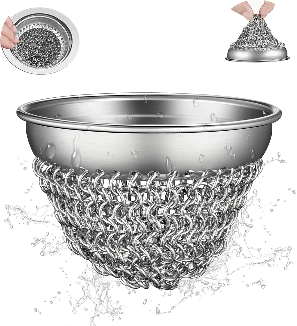 WOKDADA 2 Set Kitchen Sink Strainer (Silver): with Adapter, Flexible Insert Chain Mesh Screen. 304 Stainless Steel, Clog-Free Catcher for Universal Sizes (Garbage Disposal)
