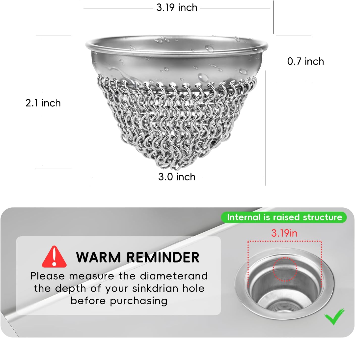 WOKDADA Kitchen Sink Drain Strainer, Wokdada Flexible Insert Mesh Sink Strainer, 304 Stainless Steel Sink Strainer, Clog-Free Garbage Disposal Sink Catcher Strainer, 3.19 Inch Sturdy Metal Sink Screen