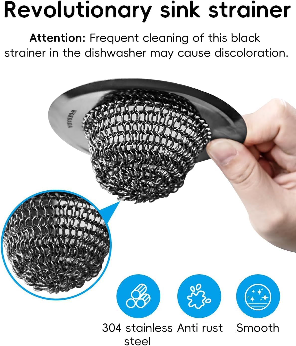 WOKDADA Sink Drain Strainer (Black): Flexible Anti-Slip Chainlink, 304 Stainless Steel. Upgraded Clog-Free, Easy-Clean Catcher for Kitchen Garbage Disposal