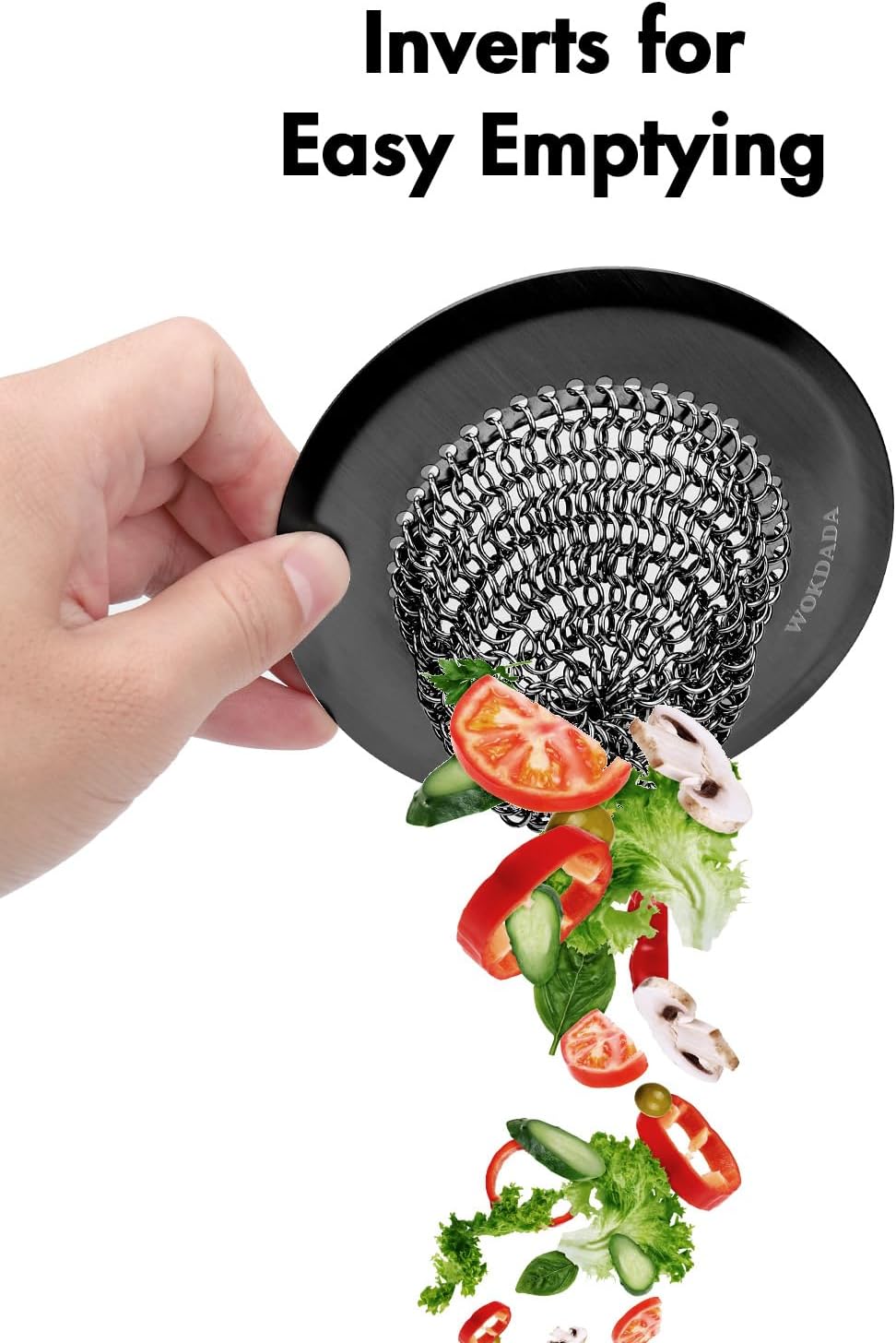 WOKDADA Sink Drain Strainer (Black): Flexible Anti-Slip Chainlink, 304 Stainless Steel. Upgraded Clog-Free, Easy-Clean Catcher for Kitchen Garbage Disposal