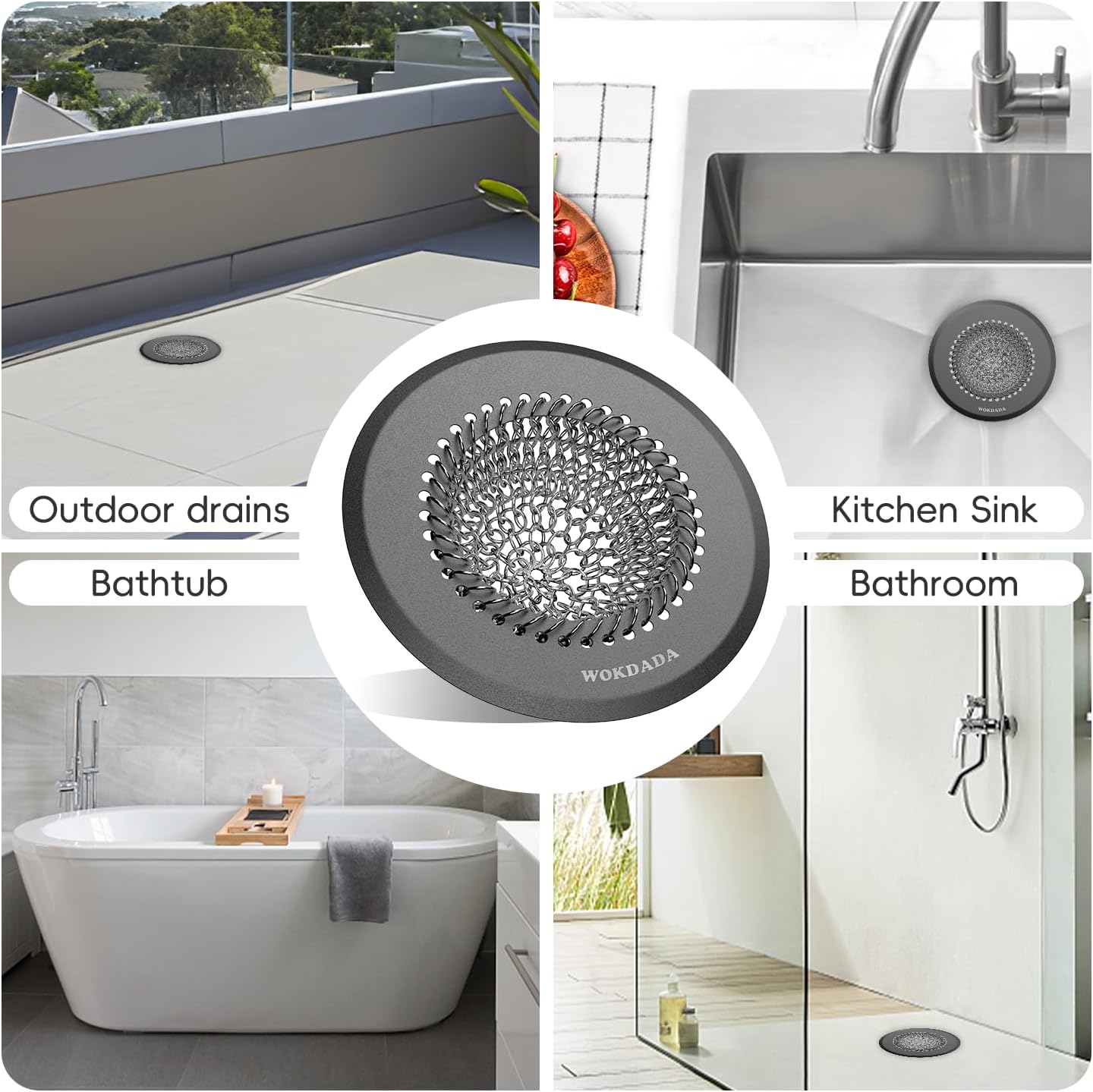 Wokdada  (Dark Gray) Bathtub Drain Hair Catcher: Fast Drainage Shower Version, Reversible 304 Stainless Steel Protector. Fits Pop-Up & Regular Bathroom Drains