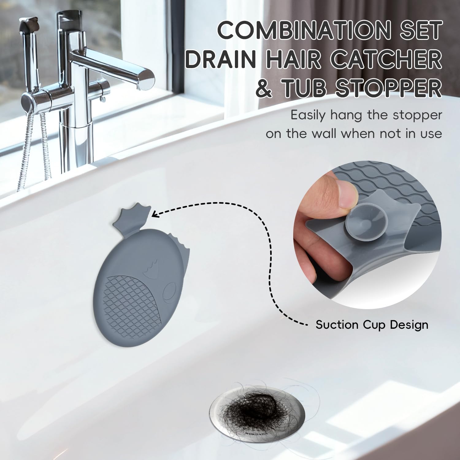 Wokdada Bathtub Drain Hair Catcher, Wokdada Fast Drainage Shower Drain Hair Catcher, Reversible 304 Stainless Steel Drain Protector with Silicone Stopper for Bathroom