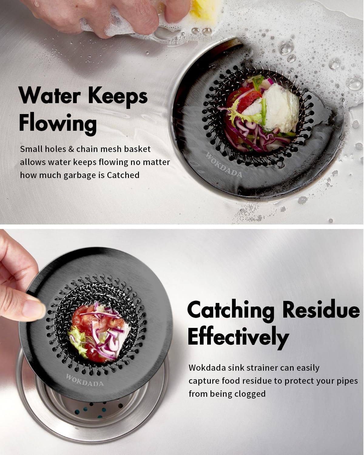 WOKDADA Black Sink Drain Strainer, Reversible Mesh Sink Strainer with 304 Stainless Steel, Wokdada Revolutionary Anti-Rust Kitchen Sink Drain Strainer for Garbage Disposal Food Catcher