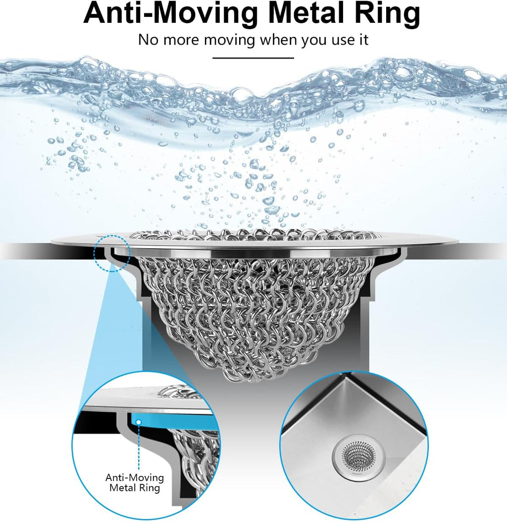 WOKDADA 2 Pcs Sink Drain Strainer: Anti-Slip Flexible Chainlink, 304 Stainless Steel. Upgraded Clog-Free Kitchen Version, Easy-Clean Catcher for Garbage Disposal