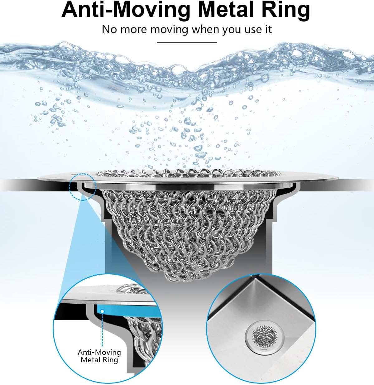 WOKDADA 2 Pcs Sink Drain Strainer: Anti-Slip Flexible Chainlink, 304 Stainless Steel. Upgraded Clog-Free Kitchen Version, Easy-Clean Catcher for Garbage Disposal