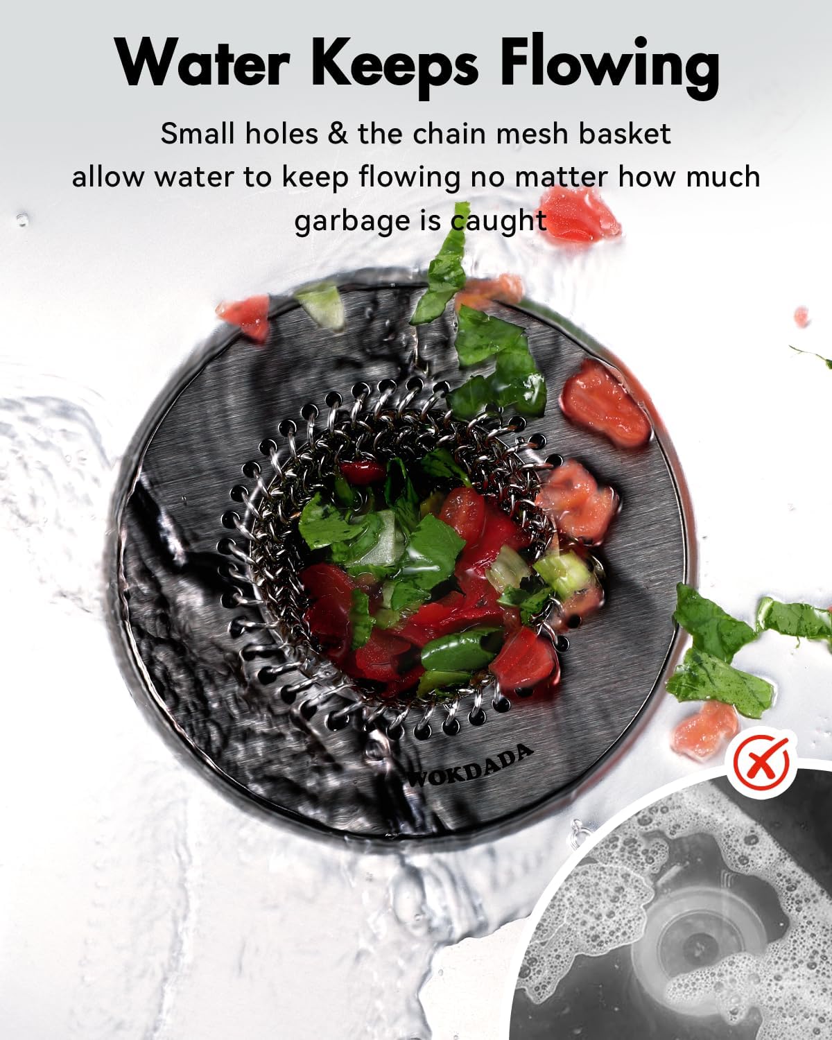 WOKDADA Black Kitchen Sink Strainer, Flippable Mesh Sink Drain Strainer, 304 Stainless Steel Sink Screen, Easy Clean Large Basket Strainer, Garbage Disposal Cover Fit for Standard Kitchen Drain