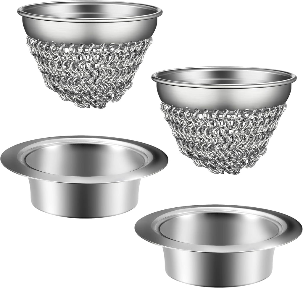 WOKDADA 2 Set Kitchen Sink Strainer (Silver): with Adapter, Flexible Insert Chain Mesh Screen. 304 Stainless Steel, Clog-Free Catcher for Universal Sizes (Garbage Disposal)