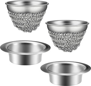 WOKDADA 2 Set Kitchen Sink Strainer (Silver): with Adapter, Flexible Insert Chain Mesh Screen. 304 Stainless Steel, Clog-Free Catcher for Universal Sizes (Garbage Disposal)