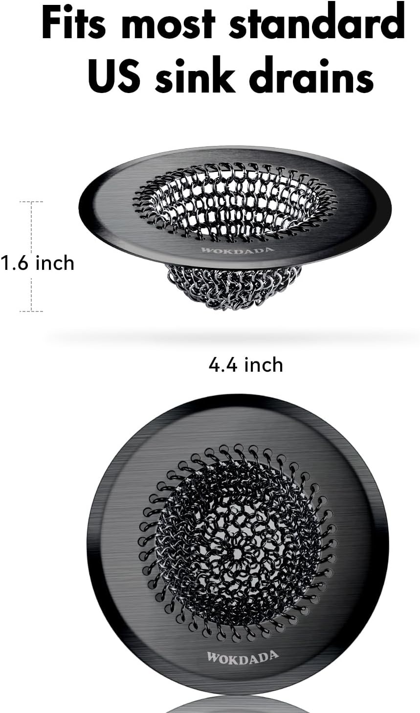 WOKDADA Black Sink Drain Strainer, Reversible Mesh Sink Strainer with 304 Stainless Steel, Wokdada Revolutionary Anti-Rust Kitchen Sink Drain Strainer for Garbage Disposal Food Catcher