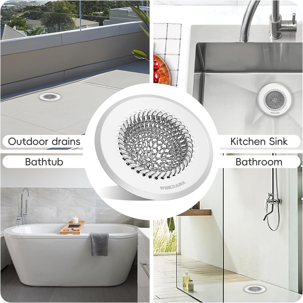 Wokdada (Silvery White) Drain Hair Catcher: for Bathtub & Shower (Fast Drainage), Reversible 304 Stainless Steel Protector. Fits Pop-Up & Regular Bathroom Drains