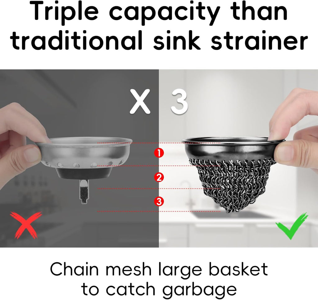 WOKDADA 1 Set Kitchen Sink Strainer (Black): with Adapter, Flexible Insert Chain Mesh Screen. 304 Stainless Steel, Clog-Free Catcher for Universal Sizes (Garbage Disposal)