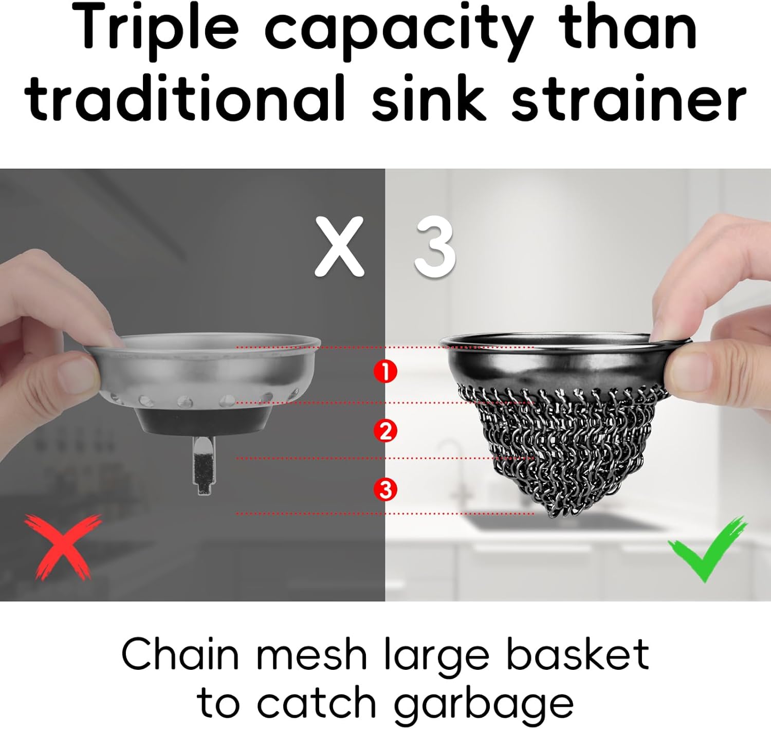 WOKDADA 1 Set Kitchen Sink Strainer (Black): with Adapter, Flexible Insert Chain Mesh Screen. 304 Stainless Steel, Clog-Free Catcher for Universal Sizes (Garbage Disposal)