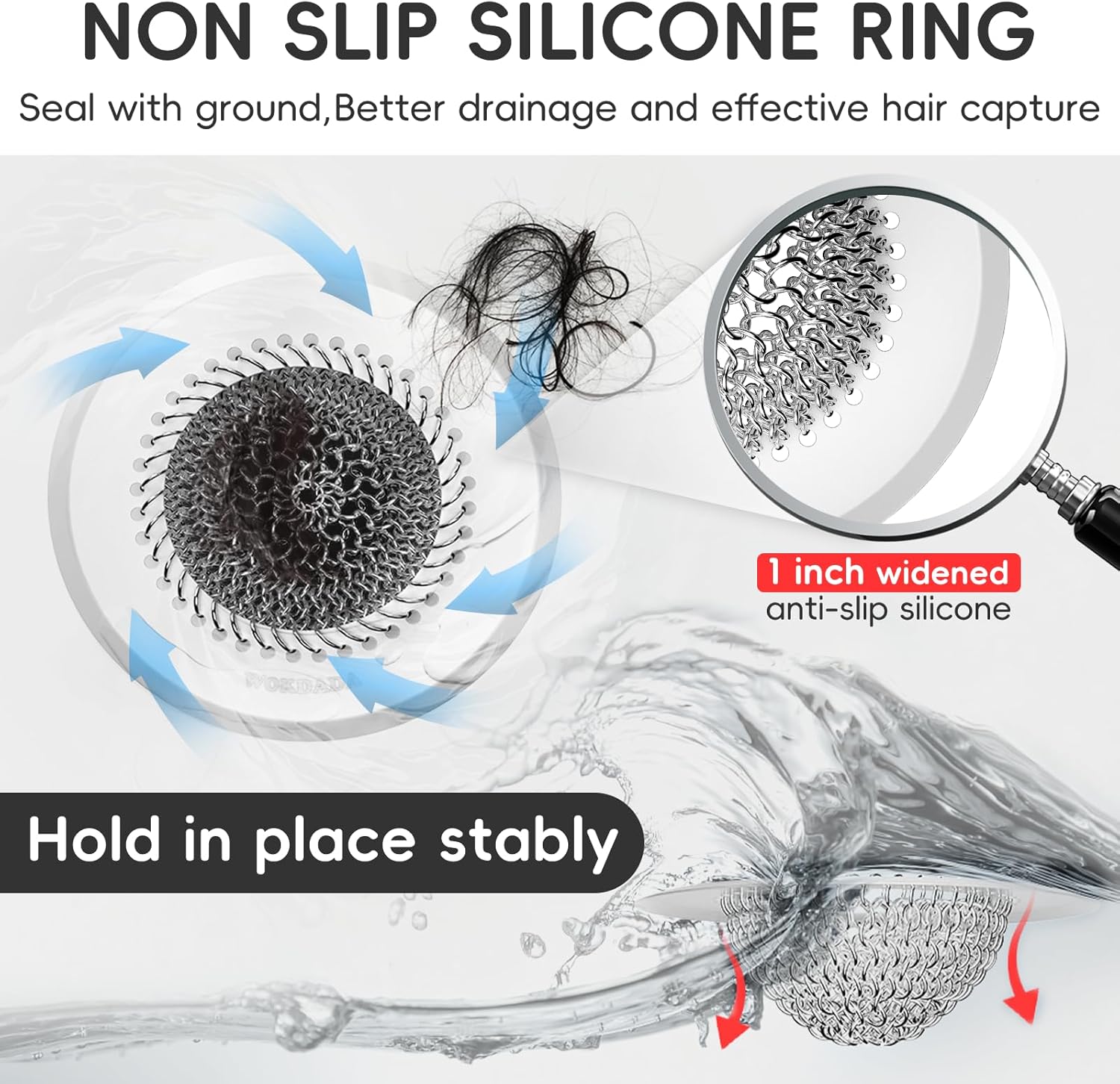 Wokdada (Silvery White) Drain Hair Catcher: for Bathtub & Shower (Fast Drainage), Reversible 304 Stainless Steel Protector. Fits Pop-Up & Regular Bathroom Drains