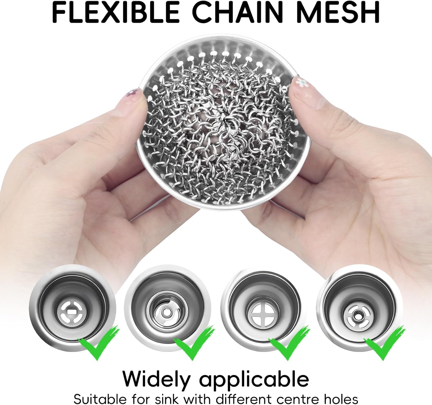 WOKDADA Kitchen Sink Strainer (1-Set Silver): With Adapter, Flexible Insert Chain Mesh Screen. 304 Stainless Steel, Clog-Free Catcher For Universal Sizes (Garbage Disposal)