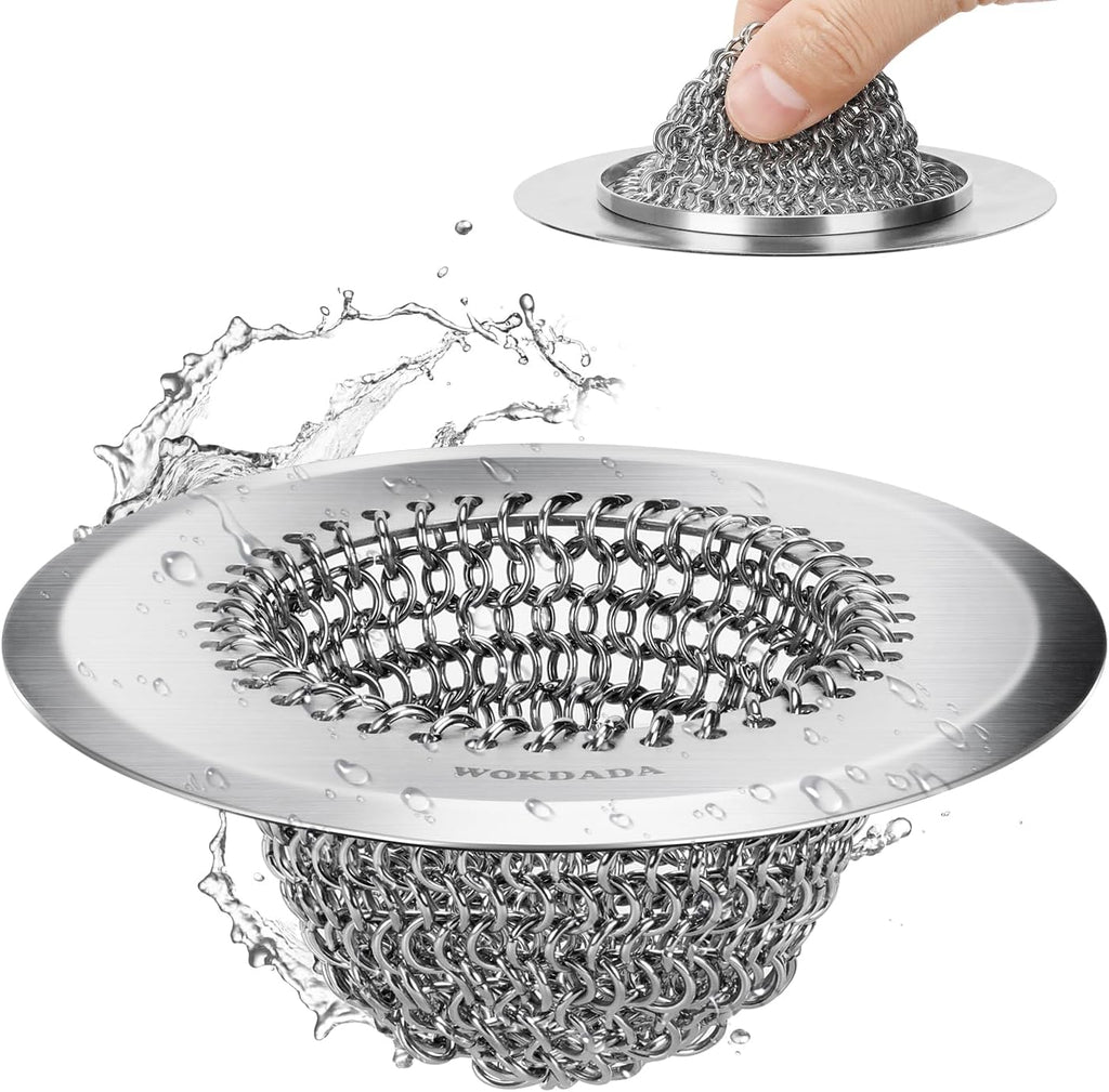 WOKDADA Sink Drain Strainer: Anti-Slip Flexible Chainlink, 304 Stainless Steel. Upgraded Clog-Free Kitchen Version, Easy-Clean Catcher for Garbage Disposal