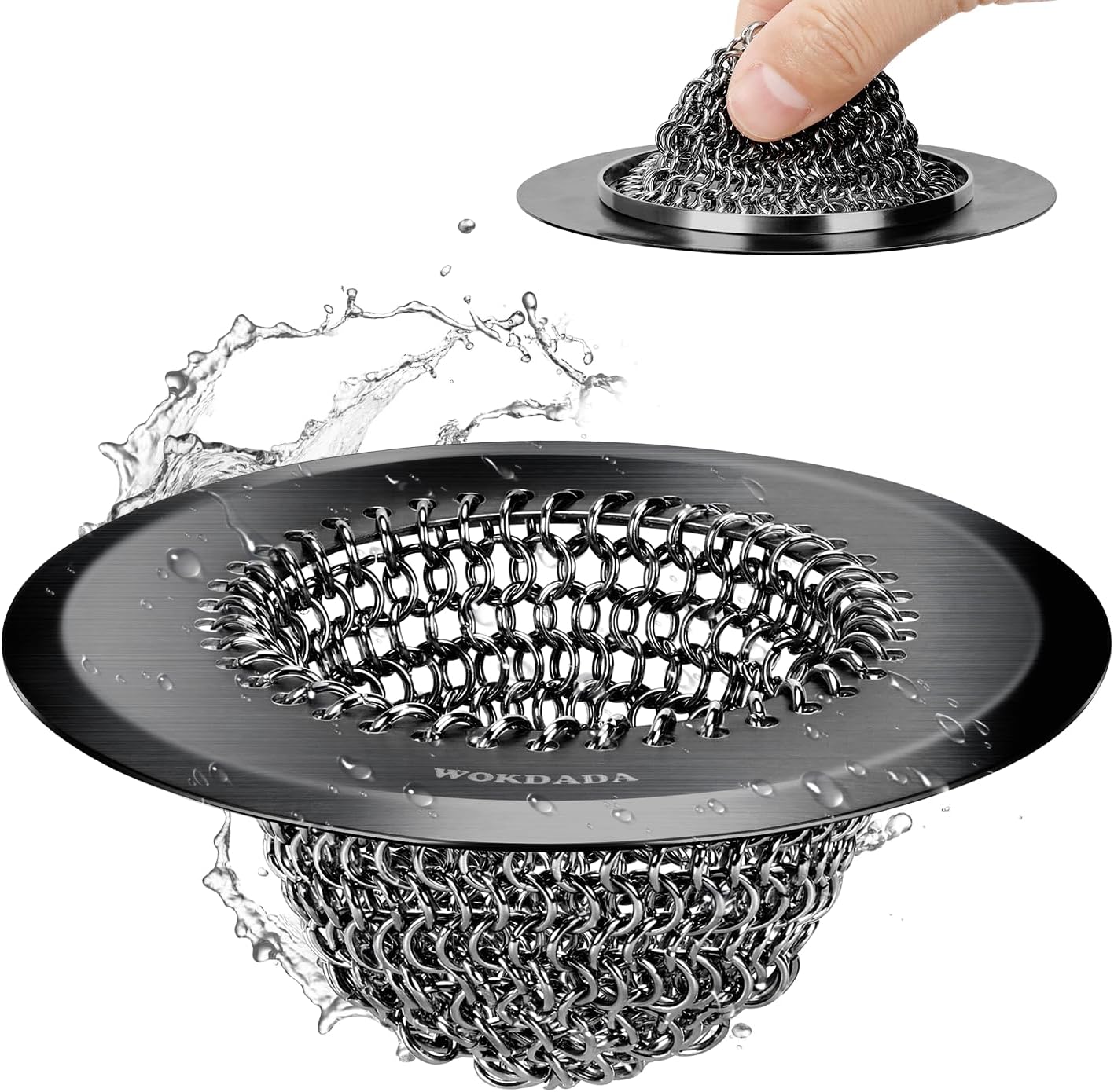 WOKDADA 2 Pcs Sink Drain Strainer: Anti-Slip Flexible Chainlink, 304 Stainless Steel. Upgraded Clog-Free Kitchen Version, Easy-Clean Catcher for Garbage Disposal
