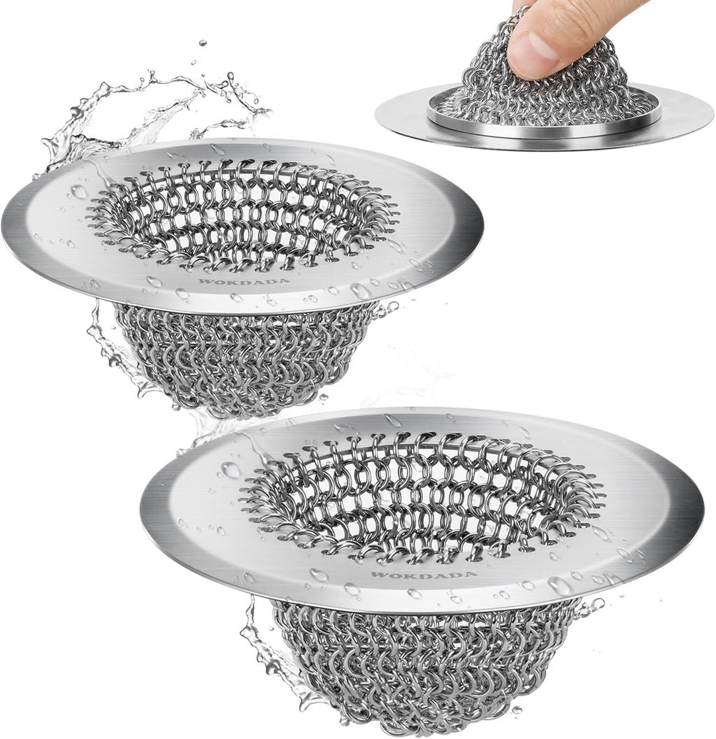 WOKDADA Sink Drain Strainer: Anti-Slip Flexible Chainlink, 304 Stainless Steel. Upgraded Clog-Free Kitchen Version, Easy-Clean Catcher for Garbage Disposal