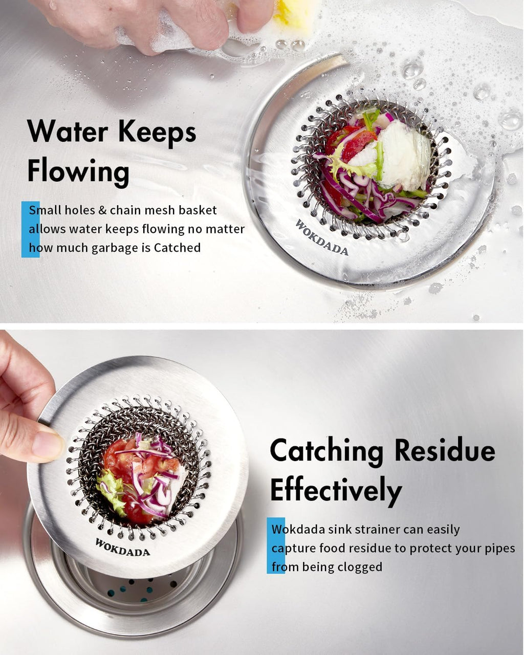 WOKDADA Sink Drain Strainer&Stopper, Anti-Slip Flexible Mesh Sink Strainer with 304 Stainless Steel, Clog-Free Kitchen Sink Strainer, Easy-Clean Sink Catcher Strainer& Silicone Stopper