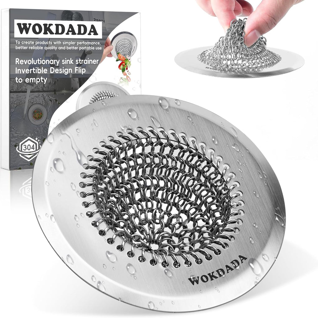 WOKDADA 4pcs - Revolutionary Kitchen Sink Drain Strainer/Patented Reversible Chain Mesh, Effortless Cleaning & Debris Catcher, Large Capacity, No Clog, 304 Stainless Steel & Rust-Proof/Handmade