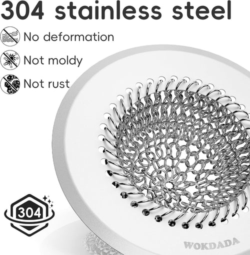 Wokdada (Silvery White) Drain Hair Catcher: for Bathtub & Shower (Fast Drainage), Reversible 304 Stainless Steel Protector. Fits Pop-Up & Regular Bathroom Drains