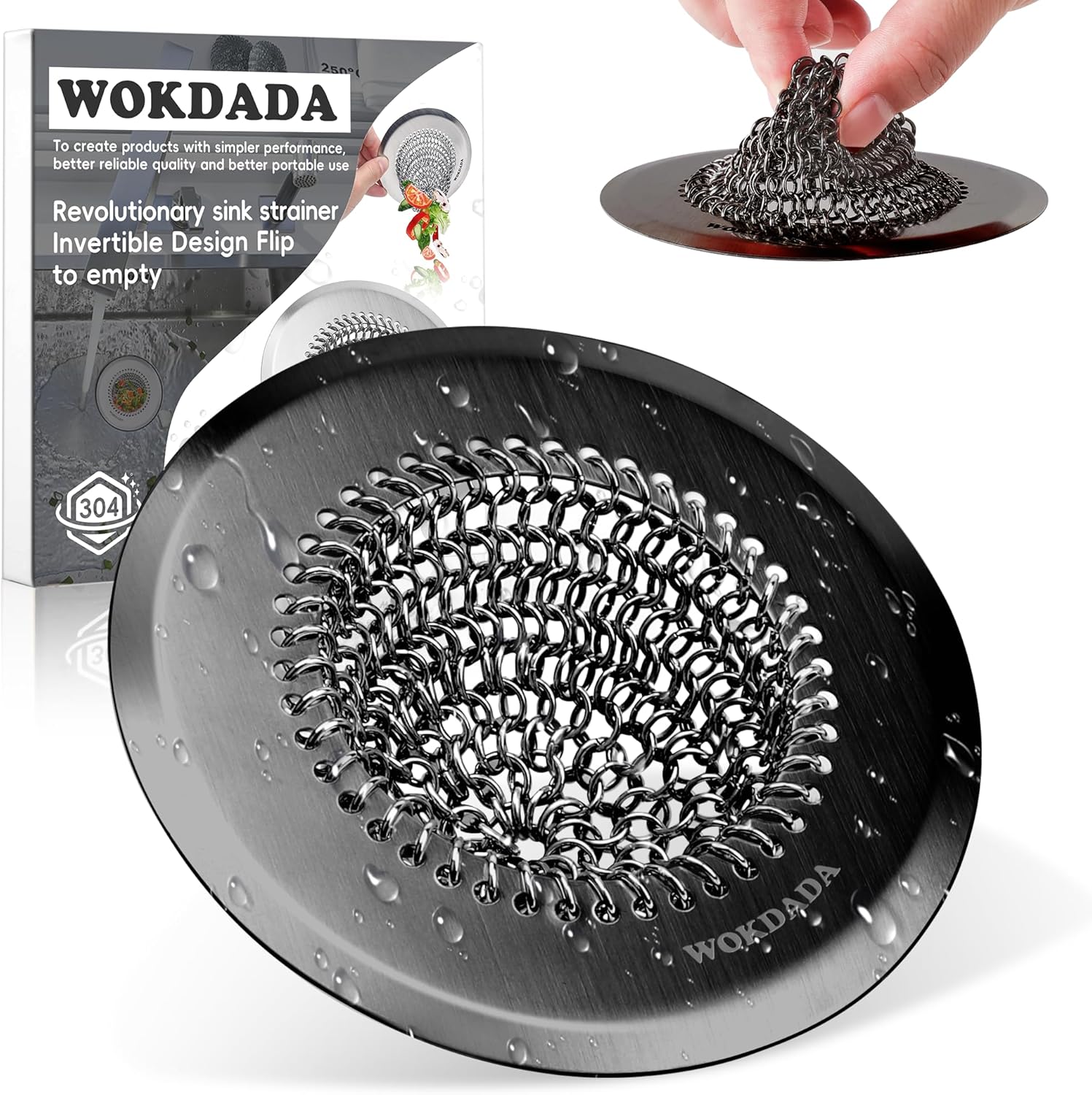 WOKDADA Black Sink Drain Strainer, Reversible Mesh Sink Strainer with 304 Stainless Steel, Wokdada Revolutionary Anti-Rust Kitchen Sink Drain Strainer for Garbage Disposal Food Catcher