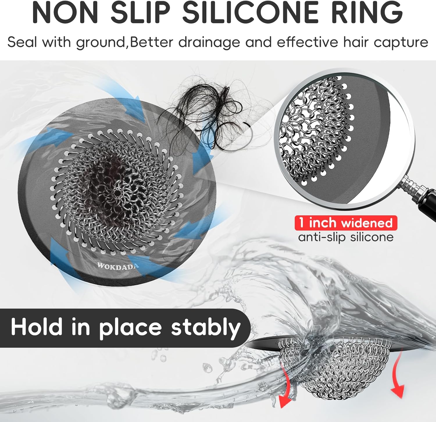 Wokdada  (Dark Gray) Bathtub Drain Hair Catcher: Fast Drainage Shower Version, Reversible 304 Stainless Steel Protector. Fits Pop-Up & Regular Bathroom Drains