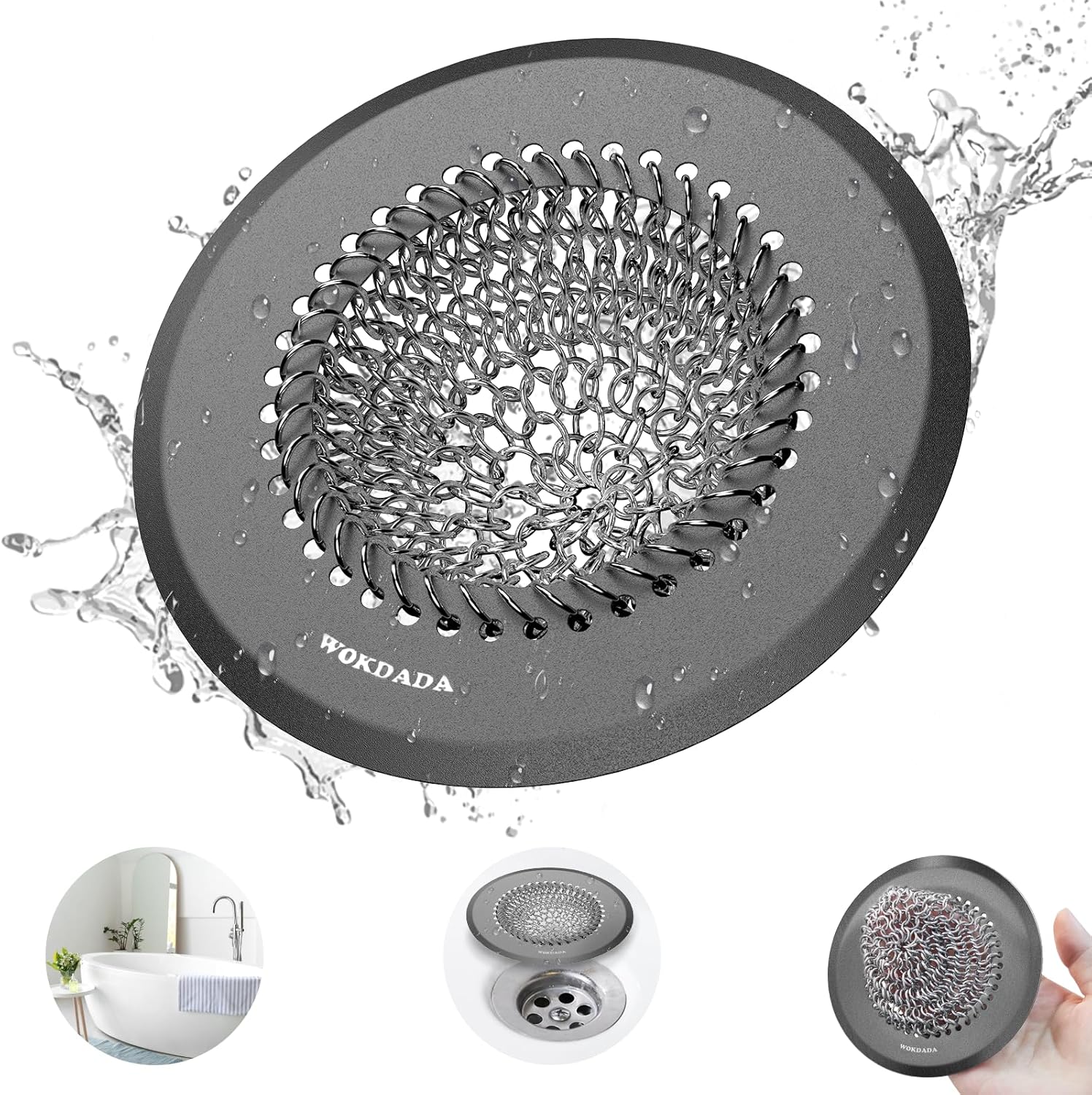 Wokdada  (Dark Gray) Bathtub Drain Hair Catcher: Fast Drainage Shower Version, Reversible 304 Stainless Steel Protector. Fits Pop-Up & Regular Bathroom Drains