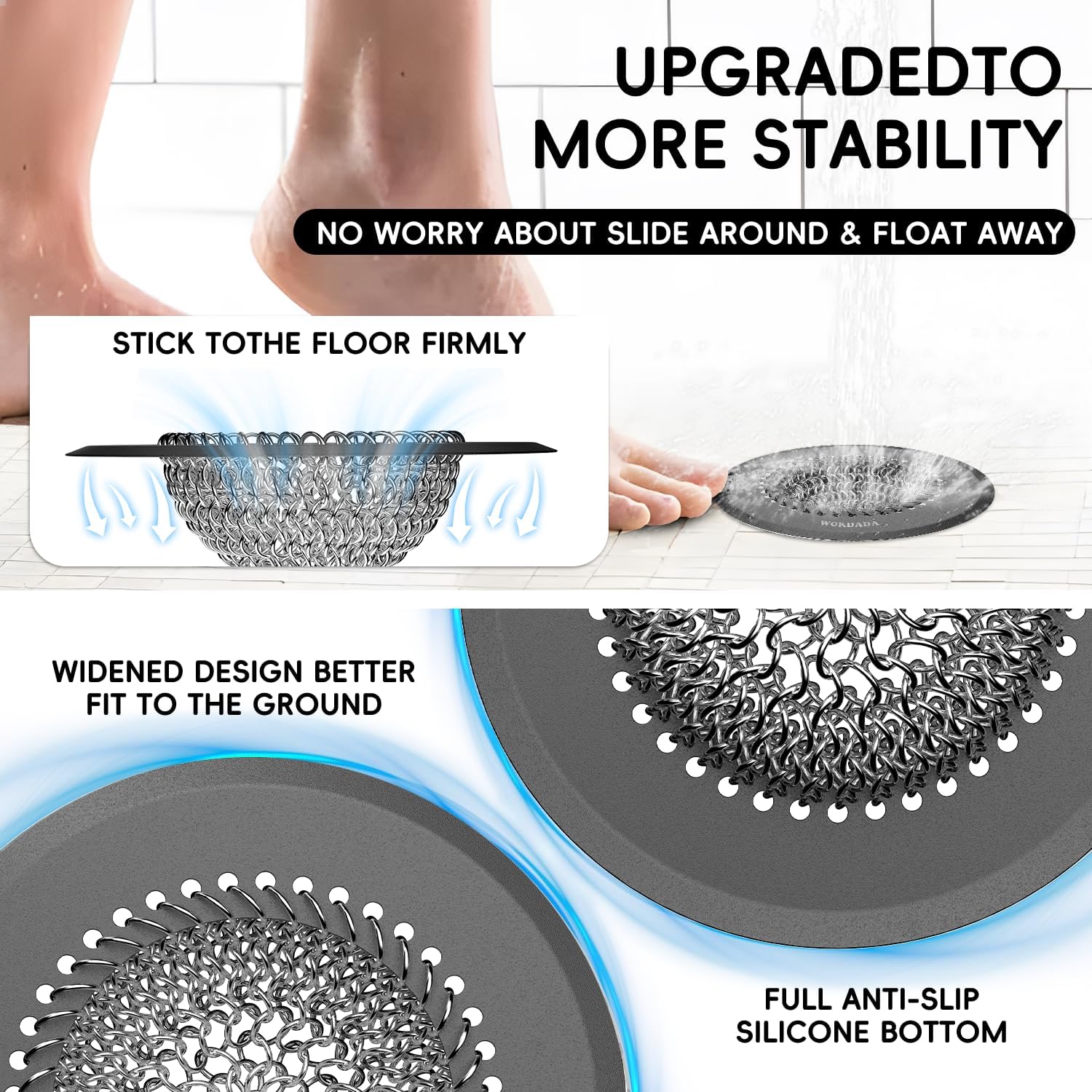 Wokdada  (Dark Gray) Bathtub Drain Hair Catcher: Fast Drainage Shower Version, Reversible 304 Stainless Steel Protector. Fits Pop-Up & Regular Bathroom Drains